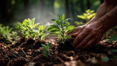 Close-up of hands carefully planting small green plants into dark soil. The scene displays natural lighting with soft focus, emphasizing the texture of the earth and vibrant foliage. This image could be suitable for illustrating environmental, horticultural, or sustainable living concepts. It may also be used for educational or commercial purposes.の素材