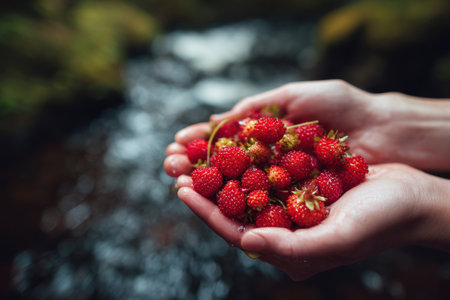 A pair of hands cradles a bounty of vibrant red strawberries, showcasing their juicy texture. The composition uses shallow depth of field, with a backdrop of flowing water and verdant elements. The natural lighting enhances the scene. Suitable for projects related to food, health, or natural themes.の素材