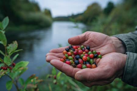 A close-up shows hands cupping a vibrant assortment of berries in various colors. The berries are the central focus, exhibiting a range of red, green, and yellow hues. The composition features natural daylight and a blurred background of a river and trees, suggesting an outdoor environment. This image could be used for editorial or commercial purposes.の素材