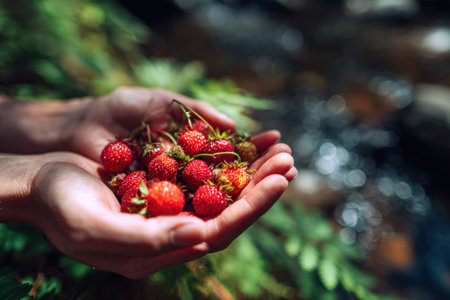 A pair of hands cradles a cluster of ripe strawberries, showcasing their vibrant red color and textured surface. The composition utilizes shallow depth of field with natural lighting. The blurred background suggests an outdoor environment, with potential uses in food-related content, health and wellness, and marketing materials.の素材
