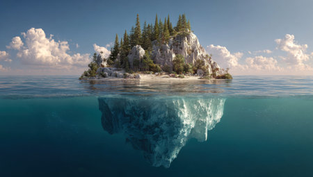 An island, featuring trees and rocky terrain, sits in the ocean. Below the surface, an iceberg is visible. The composition displays vibrant blue waters, a clear sky with clouds, and the island itself. This image could be utilized for nature-related editorial and commercial projects.の素材