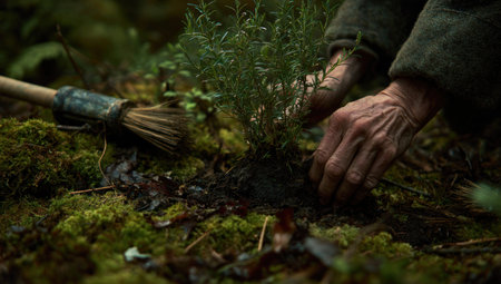 A person plants a small evergreen tree in the soil with tools. The hands are working with the small plant amid rich green vegetation and moss. Overhead lighting casts shadows across the scene. This image has potential uses for environmental, ecological, or gardening concepts.の素材