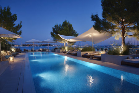 A long, reflective swimming pool dominates the foreground, illuminated by underwater lights. The scene, set at dusk or night, showcases a modern lounge area with white parasols and comfortable seating. Gentle lighting enhances the trees and surrounding structures, creating a relaxing ambiance. This imagery may be used for travel, leisure, or lifestyle publications.の素材