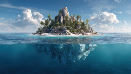 An island rises from turquoise waters, revealing both its above-surface lush greenery and a submerged iceberg. The composition features a split perspective. Sunlight illuminates the scene with a gradient effect, offering potential applications in advertising or visual storytelling.の素材