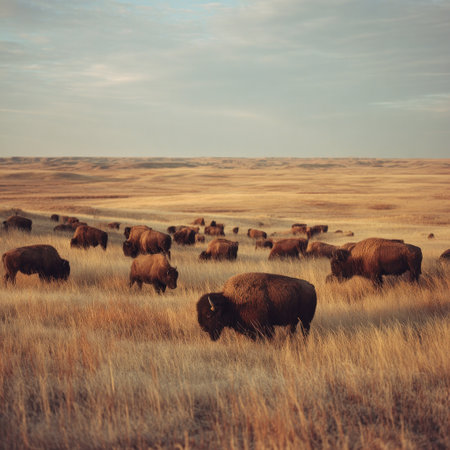 A herd of bison is seen grazing in a large, grassy field. The scene showcases the animals in a natural environment, under a somewhat overcast sky. The visual characteristics include earthy tones and a wide composition. This image could be useful for editorial content or commercial applications focused on nature.の素材
