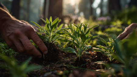 Close-up shot captures hands carefully planting young seedlings into the soil. The image displays vibrant green foliage against a backdrop of sunlight filtering through trees. The composition suggests an outdoor environment, likely a garden or forest, emphasizing themes of growth and nature, suitable for various commercial applications.の素材