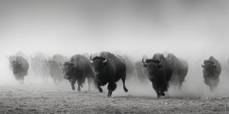 A group of bison are seen running powerfully through a dusty, atmospheric environment. The photograph is captured in black and white, emphasizing the textures and forms. Suitable for various editorial and commercial projects, the image's stark contrast and dynamic composition convey a sense of motion and raw energy.の素材