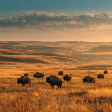 A herd of bison grazes in a sunlit field of golden grasses under a partly cloudy sky. The scene showcases a wide open landscape, with warm tones dominating. The composition emphasizes the vastness of the environment. Suitable for various commercial and editorial applications that convey the natural world.の素材