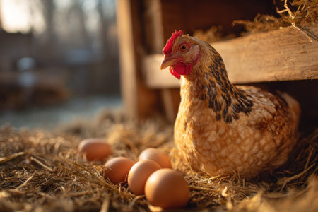 A hen rests next to several eggs nestled in hay, basking in soft sunlight. The scene showcases warm colors and a natural aesthetic. The composition captures a moment of rustic charm, ideal for agricultural or food-related projects. It might be used for editorial content or commercial advertising.の素材