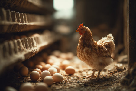 A brown and white hen stands near a pile of eggs in a dim wooden structure. The image features warm tones and soft lighting, creating a rustic atmosphere. This composition could be suitable for various agricultural or natural-themed commercial applications.の素材