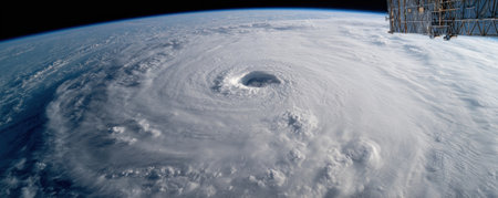 A large hurricane, depicted from above, dominates the image. The swirling cloud formations, a mix of whites and grays, suggest the storm's intensity. The curvature of the planet is visible, providing context. The image could be used for educational materials or science-related publications.の素材