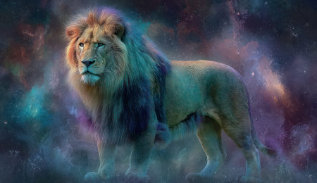 A regal lion is depicted amidst a swirling nebula of vibrant colors. The artwork features a realistic style with soft textures and an ethereal glow, possibly created through digital art techniques. It presents a dynamic composition suggesting themes of power and fantasy, suitable for various illustrative or decorative applications.の素材