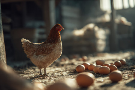 A hen stands in a barn setting, surrounded by eggs on the ground. The scene features a warm color palette with the hen in focus, bathed in sunlight. The composition suggests an indoor rural environment, potentially suitable for agricultural or farming-related editorial purposes.の素材