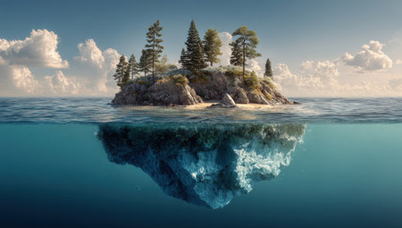 An island rises from the water, featuring trees and rocky terrain. The composition displays a split view, showcasing the underwater world with a vast expanse of blue. Soft lighting and detailed textures enhance the natural elements. Suitable for environmental themes, travel promotions, or visual content.の素材