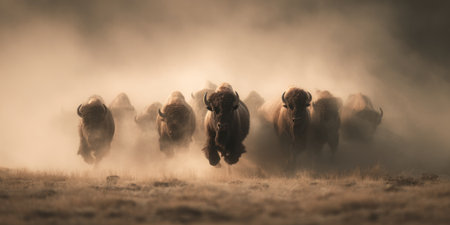 A group of bison charge forward through a dusty, hazy atmosphere. The animals are dark brown, with a dynamic composition and soft lighting creating a sense of movement. The image evokes a natural setting, possibly a grassland or prairie, suitable for illustrating concepts like wildlife and conservation.の素材