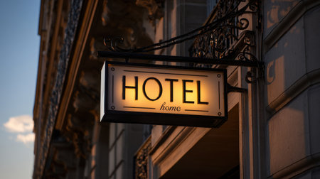 A lit-up hotel sign is affixed to a building exterior, likely in the late afternoon. The sign features the word "HOTEL" in a clear font, enhanced by internal illumination. The surrounding architecture suggests a historic setting. This image may be suitable for use in advertising or travel-related publications.の素材
