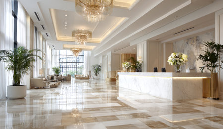A bright hotel lobby featuring a marble floor and a white reception desk. The interior is illuminated by natural and artificial light, highlighting the decorative chandeliers. Potted plants and elegant seating arrangements suggest a sophisticated atmosphere suitable for hospitality and travel-related purposes.の素材