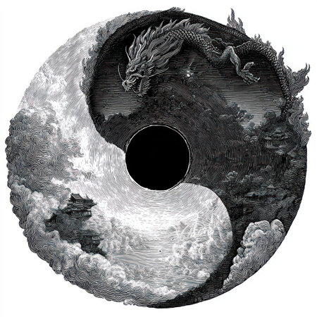 An artistic representation of the Yin and Yang symbol features a dragon, divided into black and white halves. The detailed illustration showcases a dragon, clouds, and landscapes. It is a symmetrical composition, likely created with a graphic style and could be used for design or editorial projects reflecting balance.の素材