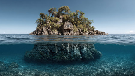 The image showcases a small island featuring a house amidst ocean waters. The composition reveals an underwater view, emphasizing the island's rocky base. Clear blue water and a bright sky set the scene. Suitable for commercial applications, it can be used for various conceptual designs.の素材
