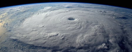 An aerial view showcases a powerful hurricane centered over the Earth. The swirling cloud formations are the primary focus, illustrating the storm's intensity. Predominantly gray and white, the clouds have a textured appearance, with subtle variations in tone. This image could be used for educational materials or editorial purposes related to meteorology or climate science.の素材