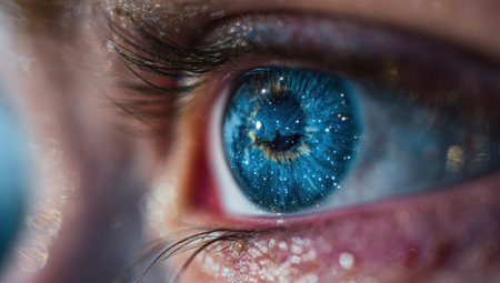 An extreme close-up shows a detailed human eye with a vibrant blue iris. Fine lines and textures are visible across the eye's surface. The lighting is soft and diffused, casting subtle shadows. This image could be used for medical publications, educational materials, or artistic projects, and can also work in designs related to vision.の素材