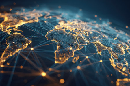 A stylized depiction of the Earth shows interconnected networks and glowing lights. The image features a deep blue backdrop with bright orange-yellow highlights outlining continents. Lines and dots suggest digital communication. It may be suitable for presentations on technology, globalization, or data transfer concepts, and editorial use.の素材