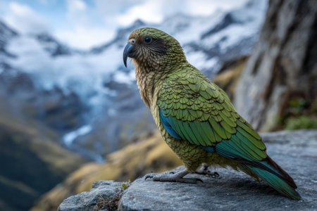 A kea parrot is the central subject, showcasing vivid green and blue plumage. The bird sits on a rock with a blurred backdrop of snow-covered mountains and a cloudy sky. The image presents natural daylight and a medium depth of field, suitable for various editorial and commercial applications.の素材