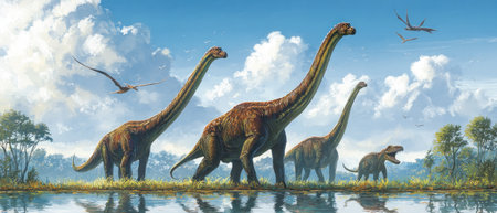 An illustration presents several long-necked dinosaurs near water against a cloudy sky. The dinosaurs are brown with long necks. The composition uses a wide shot and clear lighting. Suitable for various editorial and commercial applications, this artwork captures the prehistoric animals in their habitat.の素材