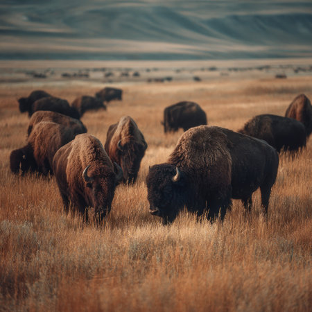 A group of bison are seen grazing on open grasslands. The scene features warm tones of brown and tan, with a clear sky. The composition suggests a natural environment, possibly suitable for advertising or editorial projects related to wildlife and conservation.の素材