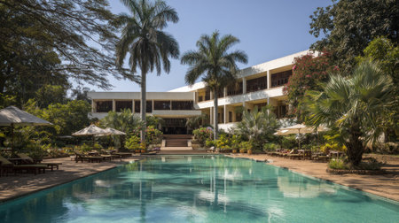 The image shows a hotel building with a swimming pool. Palm trees and other foliage surround the pool. The architecture features a light-colored exterior. The scene is illuminated by sunlight. This image may be suitable for promotional materials, travel brochures, or website content.の素材