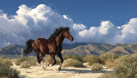 A brown horse gallops freely across a desert environment, its dark mane flowing. The artwork presents a vibrant blue sky with fluffy white clouds, complemented by rolling hills in the background. This image, with its natural light and open composition, could be suitable for various editorial and commercial projects.の素材