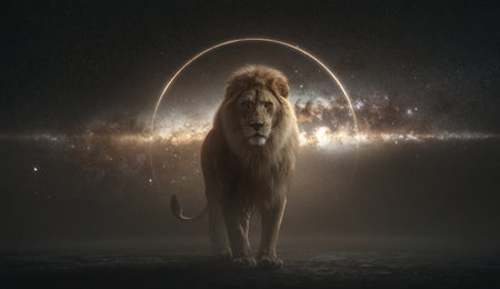 A powerful lion stands centered against a dark, celestial backdrop featuring glowing cosmic elements. The image showcases a detailed composition with rich textures and warm tones. The dramatic lighting enhances the lion's features, ideal for various editorial and commercial applications requiring impactful visual content.の素材
