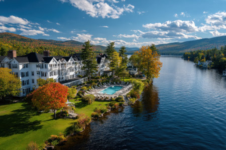 An aerial view displays a lakeside resort with a pool and surrounding autumn foliage. The composition features a body of water alongside a building complex and trees. Natural lighting and vibrant colors create a picturesque scene, suitable for travel and hospitality related marketing.の素材