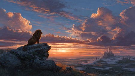 A majestic lion silhouette is perched on a rocky outcrop, gazing at a vibrant sunset. The sky displays a rich tapestry of colors, with clouds illuminated by the setting sun. The scene suggests a fantasy environment, offering potential for editorial illustrations or commercial projects.の素材