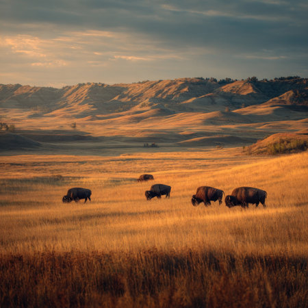 A herd of bison grazes in a vast, golden field under a partially cloudy sky. The landscape features rolling hills in the background, bathed in warm sunlight and shadows. This scenic, outdoor composition could be used for environmental or wildlife themed commercial projects.の素材