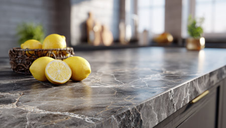 A close-up shows lemons placed on a marbled countertop in a kitchen setting. The composition includes a basket, hints of green plants, and a blurred background. The lighting suggests daylight, emphasizing the texture of the surface. Suitable for culinary or lifestyle-themed visual content.の素材