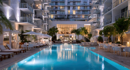 A long rectangular pool reflects the surrounding buildings. White sunbeds and parasols line the pool's edge, inviting relaxation. The architecture includes a mix of glass, concrete, and greenery. This image suggests hospitality and leisure and has potential uses for promotional materials and travel publications.の素材