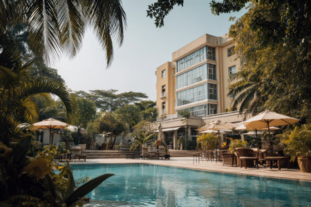 The image depicts a resort with a swimming pool, palm trees, and a multi-story building. The scene is bathed in bright sunlight, showcasing the architectural lines and the pool's reflections. Lush green foliage surrounds the scene, creating a relaxing atmosphere. The image is suitable for travel, tourism, and hospitality marketing materials.の素材