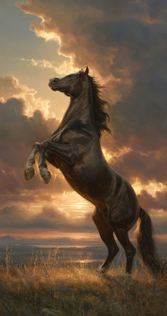 A powerful black horse rears up against a backdrop of a fiery sunset and cloudy sky. The image captures the horse in a dynamic pose, illuminated by warm sunlight. The composition features open space with detailed textures, potentially suitable for commercial projects, including advertising and editorial applications.の素材