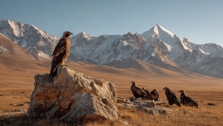 A group of eagles is observed in a mountainous terrain. The image showcases the birds atop rocks and on the ground with snowy mountain peaks visible in the background. The scene is brightly lit under a clear sky, showcasing a natural environment that could be utilized for various projects.の素材