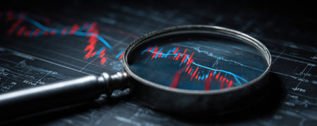 A close-up depicts a magnifying glass examining a financial chart. The chart shows lines in red and blue, set against a dark backdrop. The composition uses shallow depth of field. This image could be used for commercial purposes related to finance or business analysis.の素材