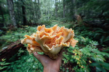 An individual holds a large, vibrant orange mushroom, presenting it before a blurred forest. The image features a natural, outdoor setting with green foliage and tall trees. The lighting appears diffused. The composition and visual characteristics suggest potential use for illustrations and natural science content.の素材