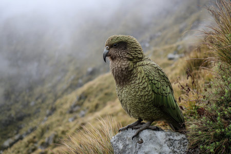 A Kea parrot, primarily green and brown, perches on a rock in a natural setting. The bird is the focus of the image, set against a blurred backdrop of a mountainside and a hazy sky. The lighting appears soft, and the overall style is illustrative, suitable for various commercial and editorial projects.の素材