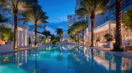 An inviting swimming pool reflects the surrounding architecture and palm trees at twilight. The scene features a cool color palette with blue and teal water. It is framed by symmetrical lines and ambient lighting, suggesting a modern, high-end environment, suitable for travel and lifestyle content.の素材