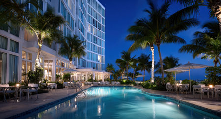 A resort exterior is shown at dusk, featuring a swimming pool and palm trees bathed in artificial light. The composition uses a wide angle to capture the building's architecture and the surrounding environment. The scene hints at a luxurious vacation destination, suitable for travel and hospitality concepts.の素材