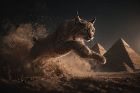 A lynx leaps through a cloud of dust, showcasing dynamic movement. The image features a desert setting with pyramids in the backdrop, illuminated by soft lighting. The composition emphasizes action and form with contrasting colors. This artwork could be used for various commercial purposes, including advertising or illustrative projects.の素材