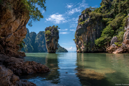 The image showcases a tranquil seascape with prominent rock formations emerging from calm, clear water. The composition features lush greenery, detailed textures, and a bright blue sky with scattered clouds. The scene suggests a tropical environment and is suitable for use in travel, environmental, or tourism-related projects.の素材