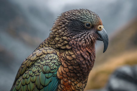 A detailed close-up depicts a kea parrot. The bird features a complex pattern of brown, green, and yellow feathers. The image displays a shallow depth of field with blurred background. Suitable for wildlife articles, educational materials, and various commercial applications.の素材