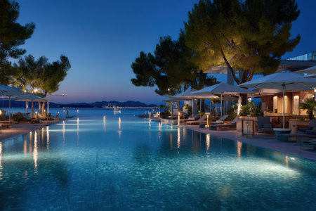 An outdoor scene displays a large pool with shimmering water reflecting lights from surrounding structures and trees. The composition features a clear sky in the background, setting the ambiance. The image has a cinematic feel. Suitable for various commercial and editorial applications related to travel, leisure, and hospitality.の素材