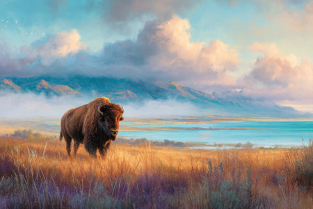 A solitary bison is the focal point of this picturesque landscape, rendered with digital painting techniques. Soft light bathes the grassy foreground, while a cloudy sky and distant mountains create depth. The composition uses natural tones, suggesting an outdoor setting suitable for various commercial and editorial projects.の素材
